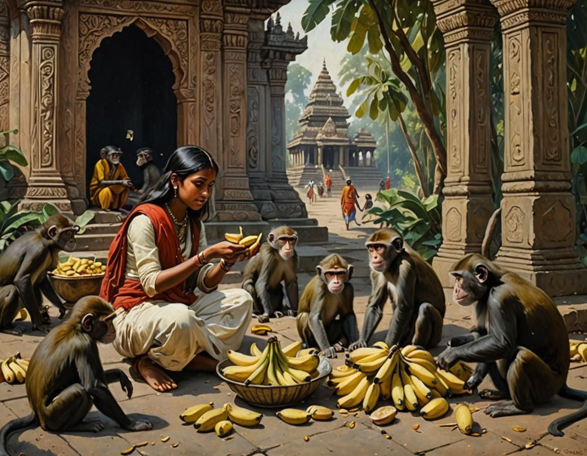 Girl and Mother Feeding Monkeys: Oil Painting