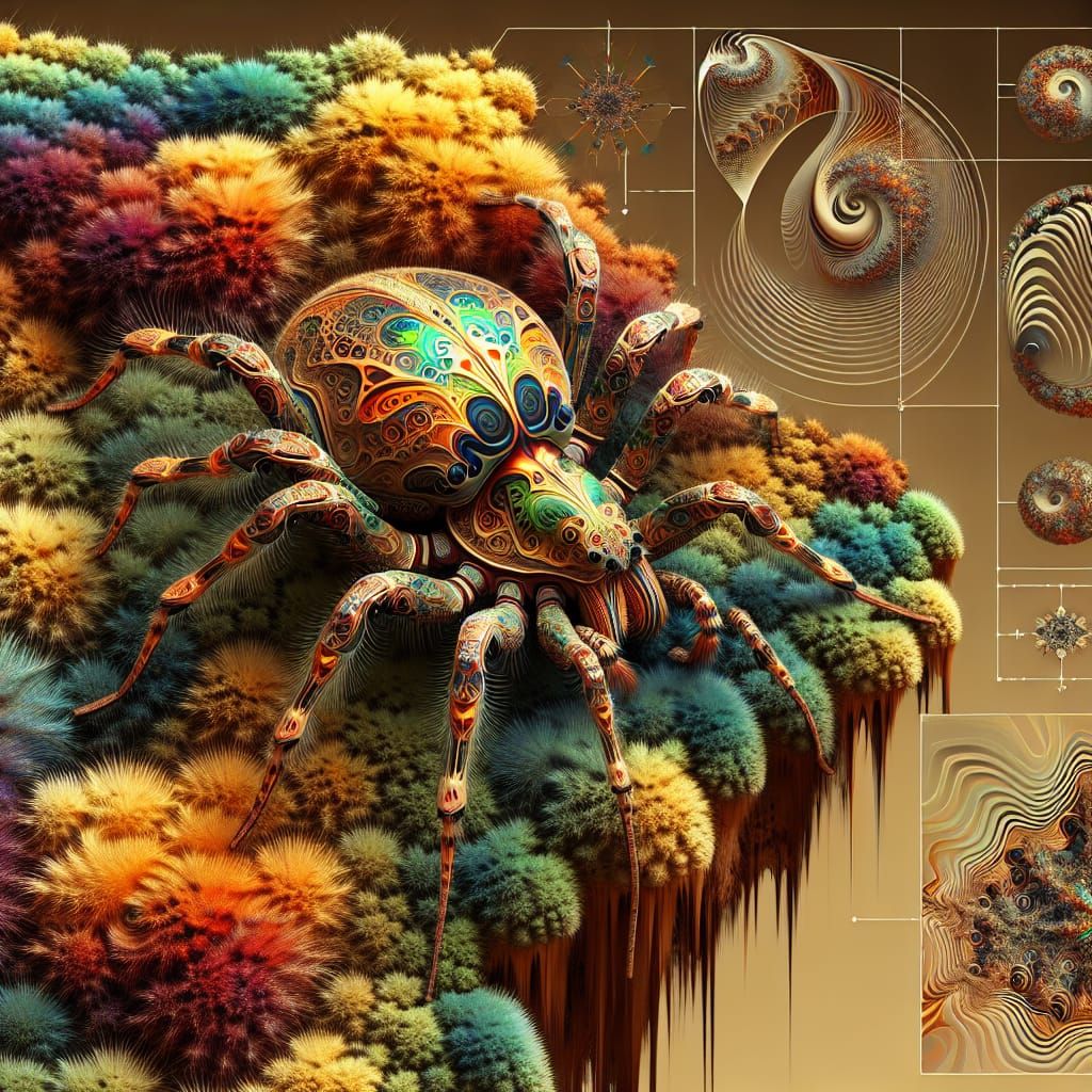 Fractal Spider on Moss in Art Nouveau Style