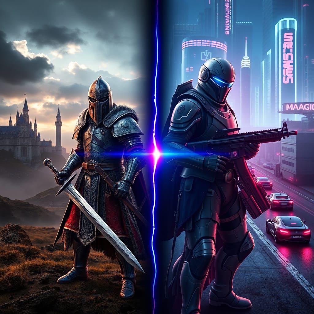 Epic Dimension Shift: Medieval Warrior Meets Cyberpunk Soldi...