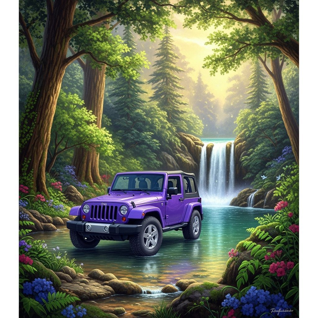 Purple Jeep Wrangler at Hidden Waterfall Oasis