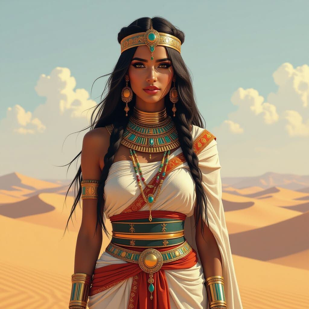 Egyptian Woman in Desert Landscape, Stylized Art