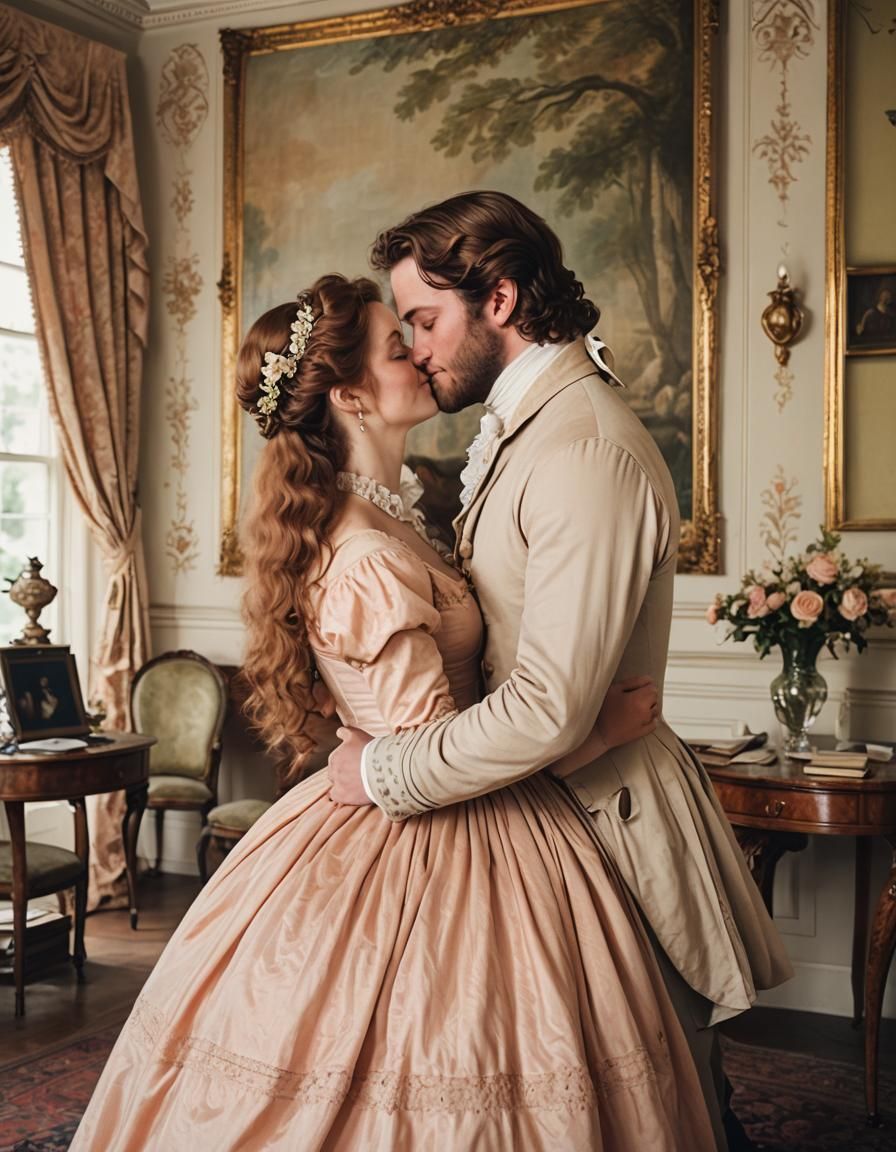 Regency Woman in Peach Dress Kissing a Man