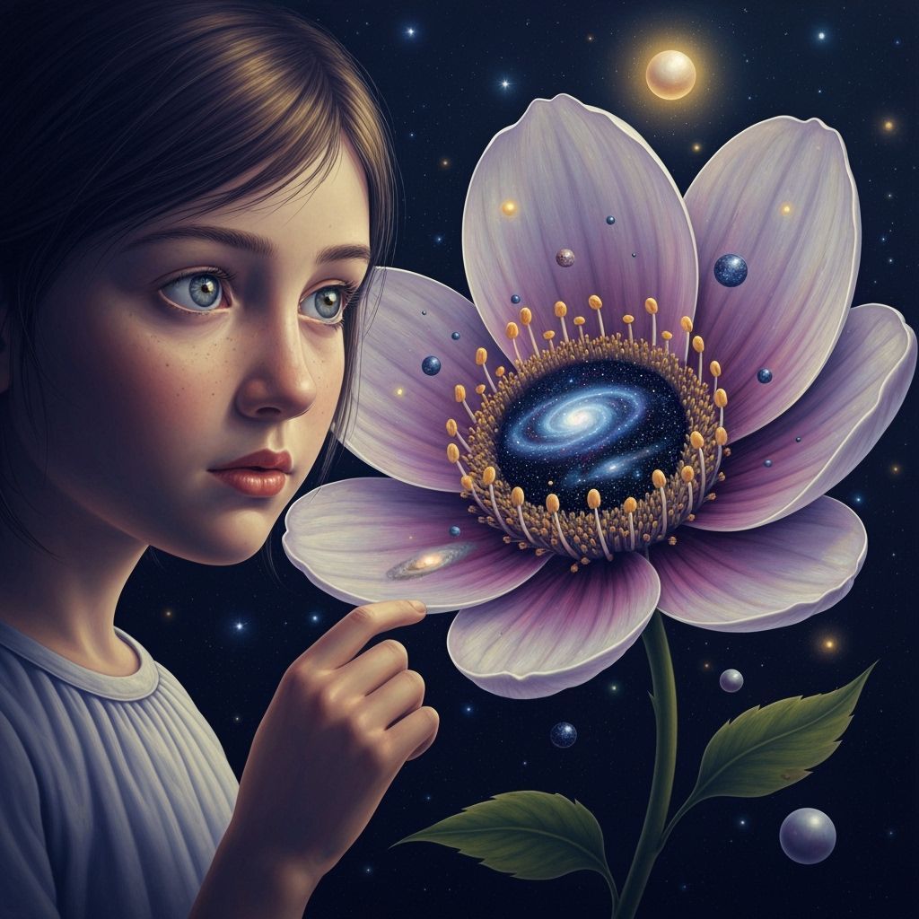 Girl Contemplates Cosmic Universe Inside Flower