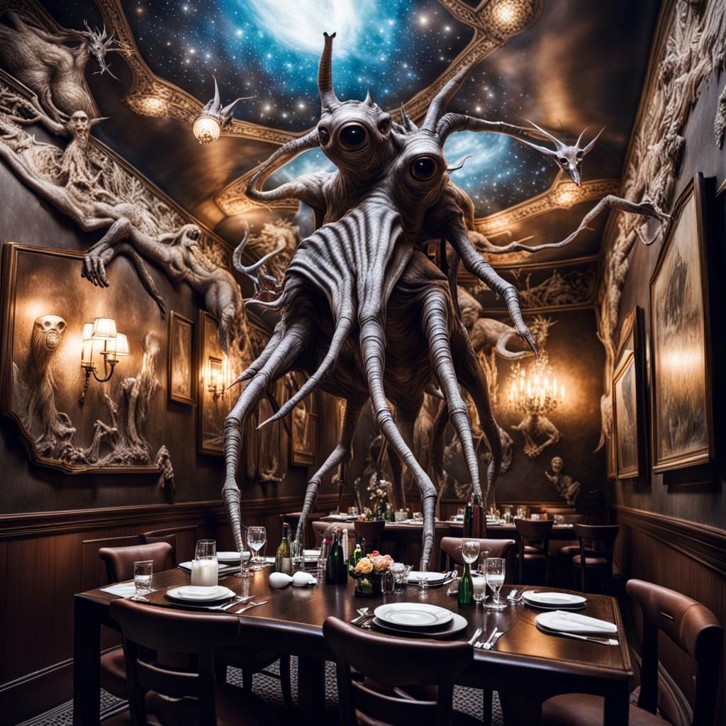 Surreal Restaurant Scene with Exotic Aliens, Professional Ph...
