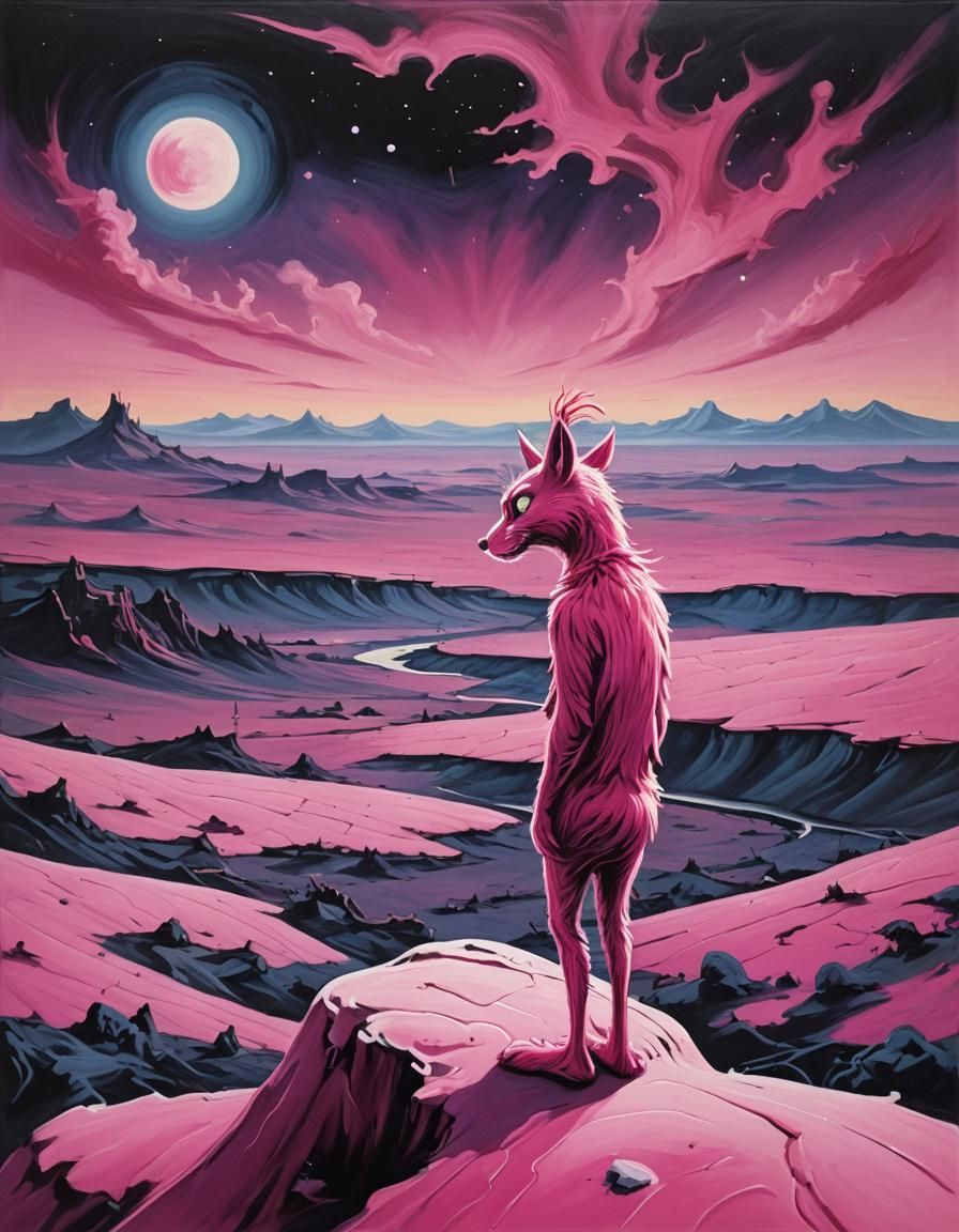 Pink Beast Contemplates Vast Landscape in Surreal Oil Painti...