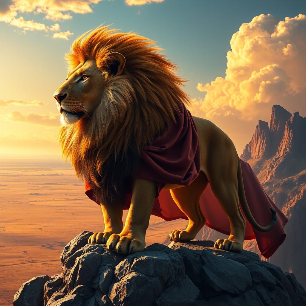 Fiery Lion King on Savanna Outcrop, Art Nouveau