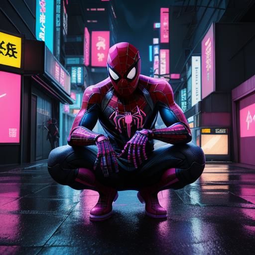 Cyberpunk Anime Spider-Man in Pink Military Uniform
