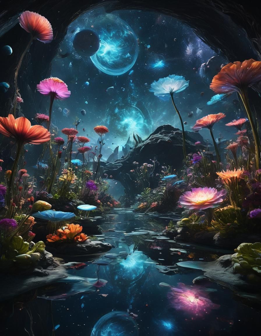 Cosmic Garden of Bioluminescent Flowers in Space