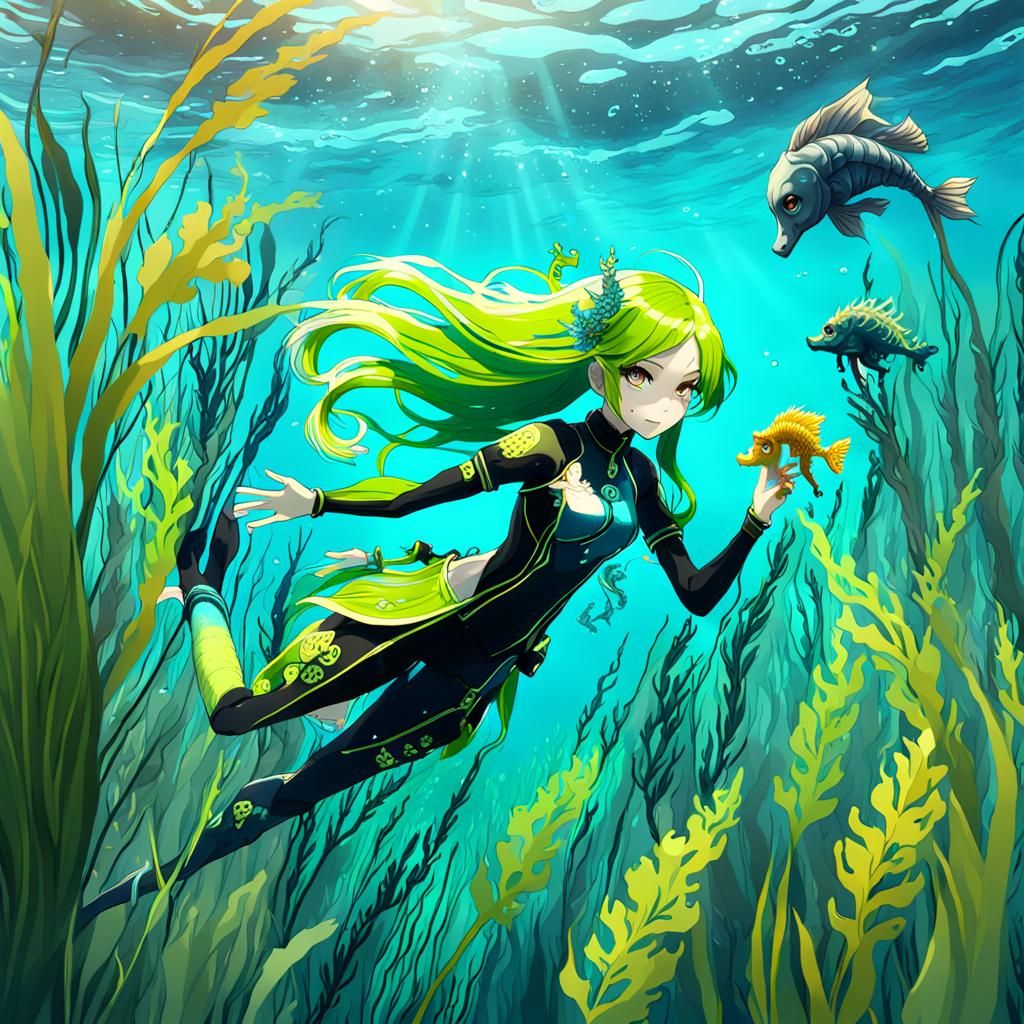 Anime Girl with Seahorse in Underwater Meadow