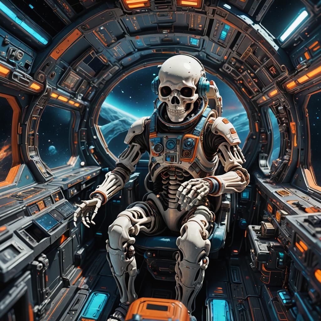 Skeleton Astronaut Navigating Wormhole in Spaceship