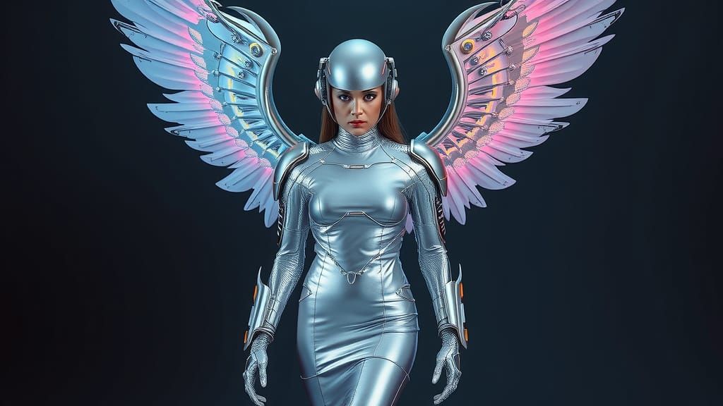 Futuristic Spacewoman Angel in Silver Latex Spacesuit