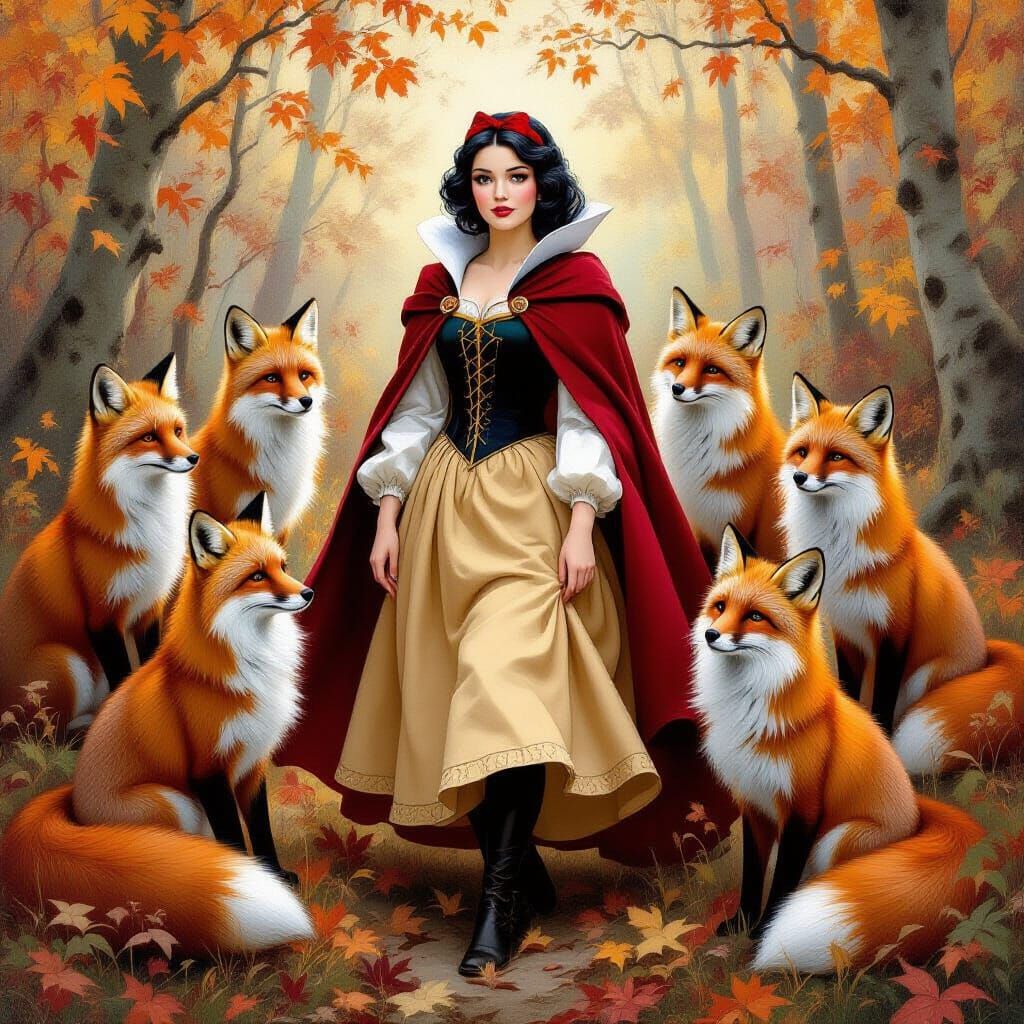 Snow White and Foxes in Whimsical Forest as Oil Painting