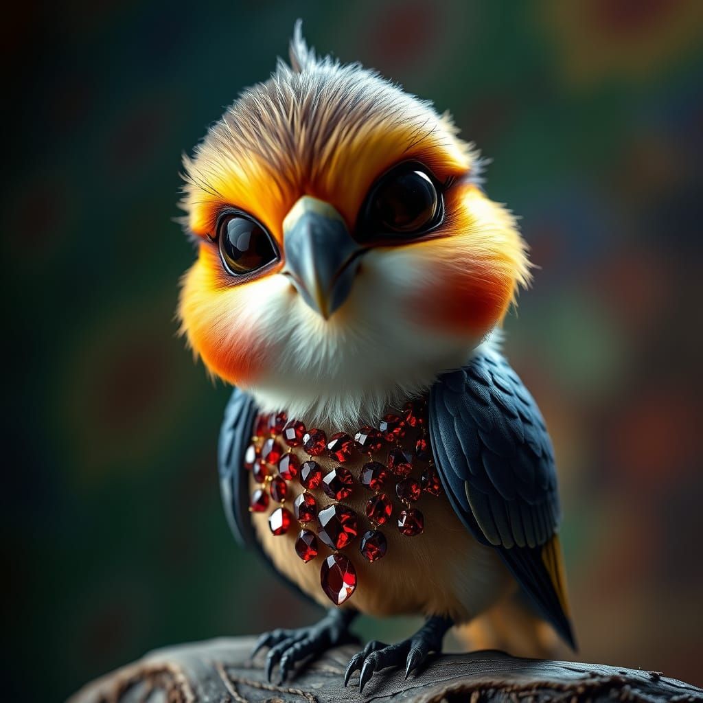Anthropomorphic Bird Chibi with Garnet Necklace