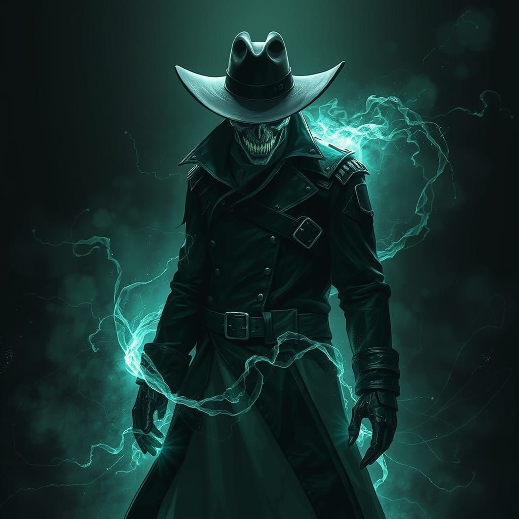 Sinister Cowboy Figure with Bioluminescent Aura