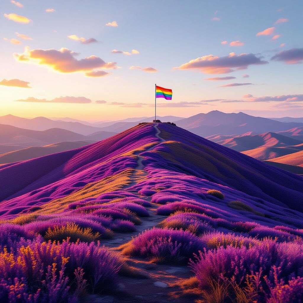Vibrant LGBTQIA+ Flag on Violet Hills at Golden Hour