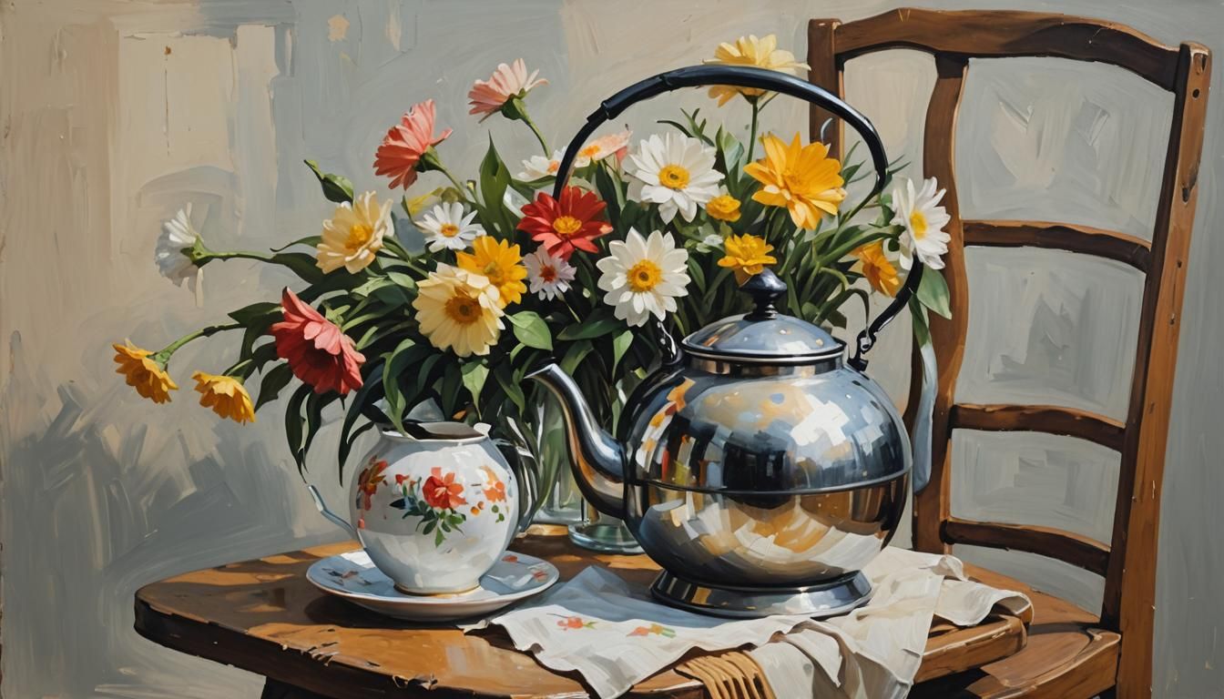 Tea Kettle Flower Vase as Layered Oil Painting