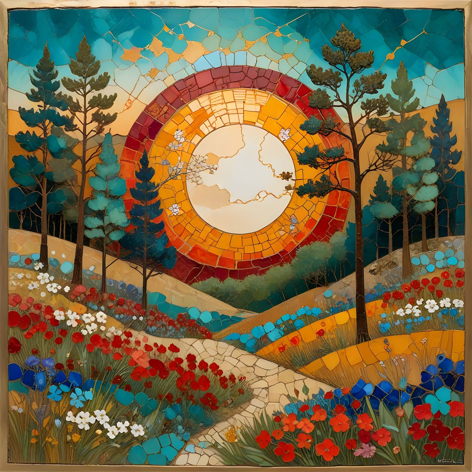 Mosaic Path in Whimsical Sunset Landscape