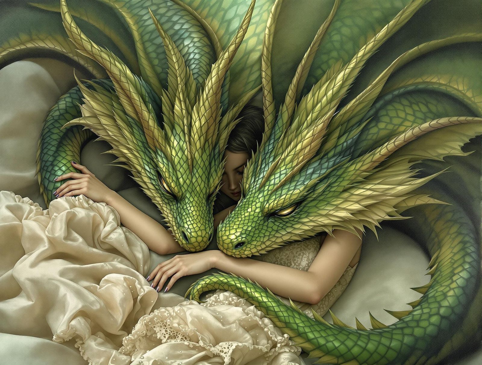 Girl Sleeping with Dragons: Photorealistic Oil Painting