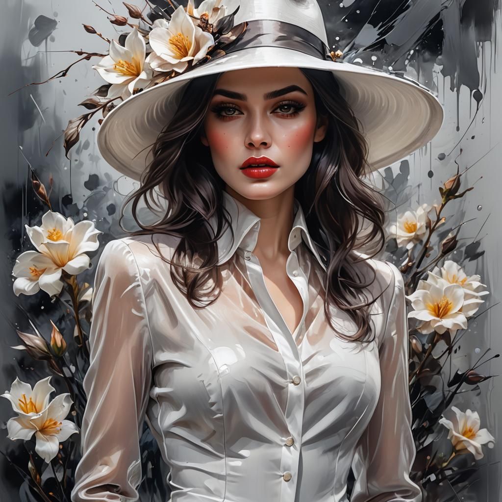 Fantasy Style Femme Fatale in Gray Suit