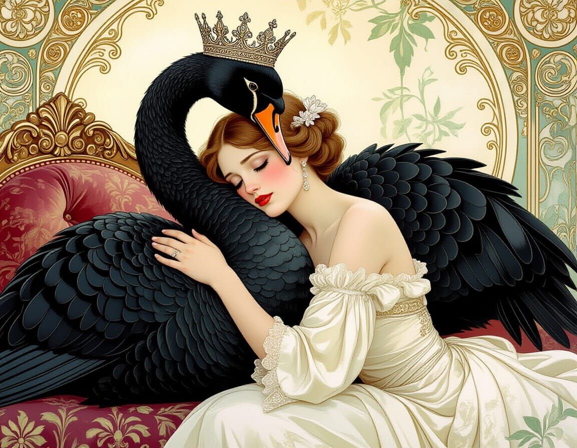 Crowned Swan Comforting Woman in Ethereal Watercolor