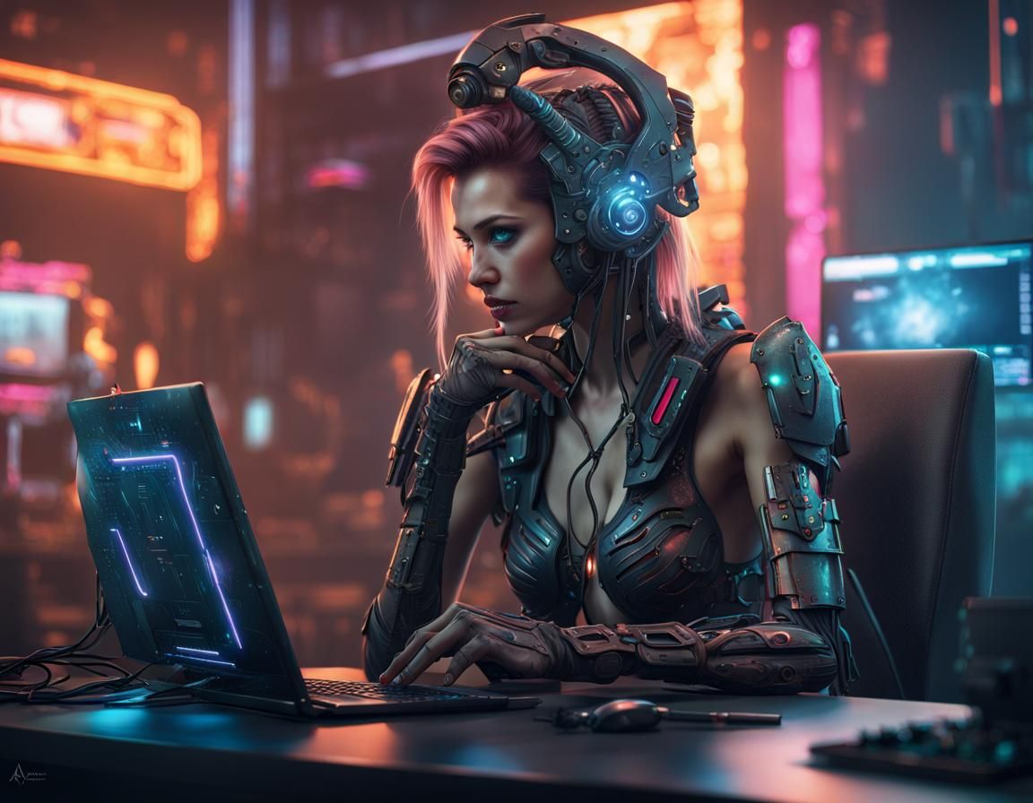 Cyberpunk Woman in Armor at Computer, Digital Art