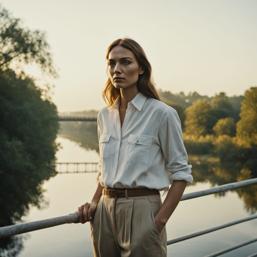 Young Woman on Bridge at Golden Hour: Cinematic Film Still