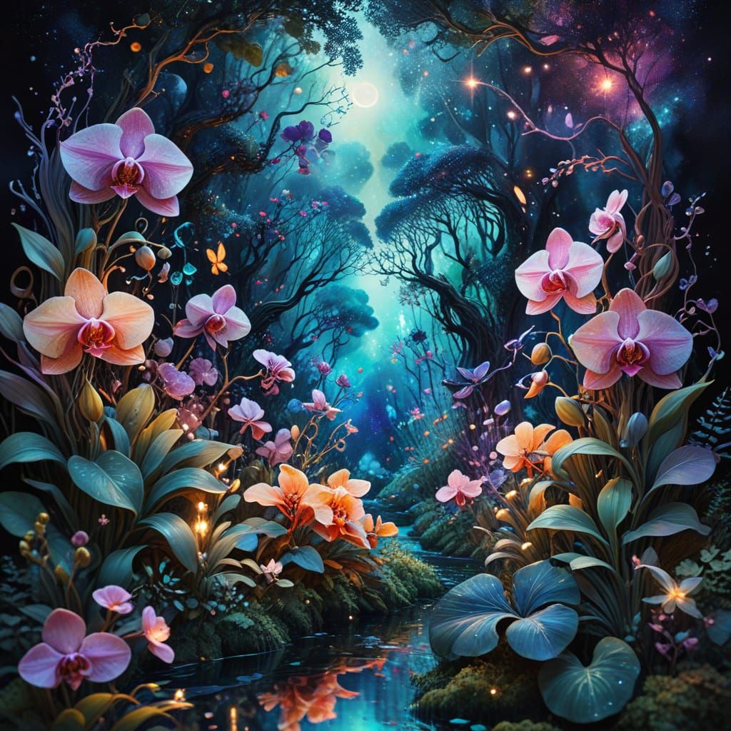 Surreal Floral Cosmic Scene with Ethereal Foxes