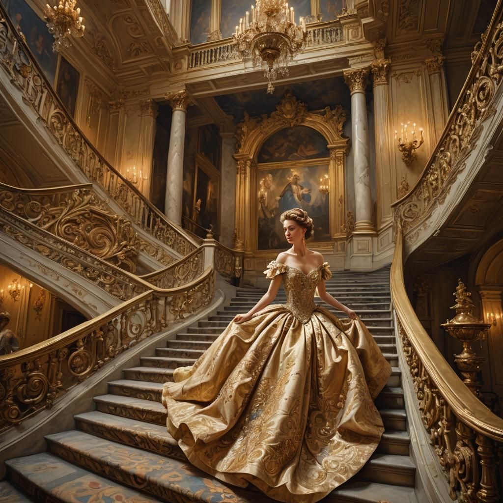 Baroque Woman Ascends Grand Staircase to Ball