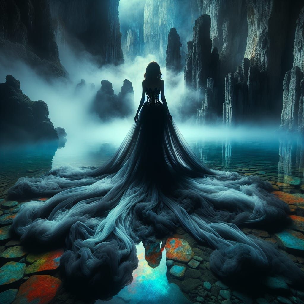 Gothic Woman on Mystical Lake in Dreamlike Scene