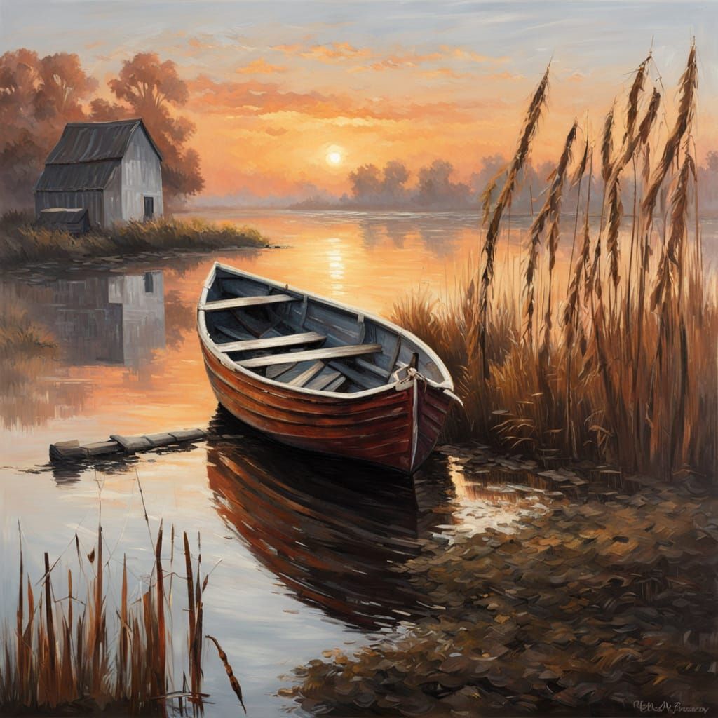 Impasto Oil Painting: Rowboat at Misty Sunset Jetty