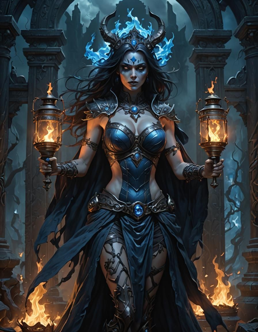 Death Goddess with Lantern in Dark Fantasy Style