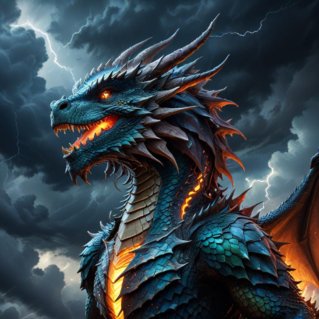 Dragon in Stormy Sky: Vibrant Oil Painting