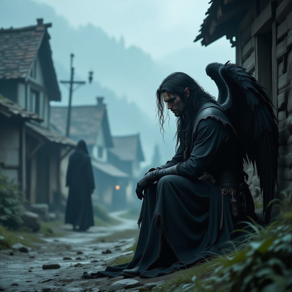 Fallen Angel Hiding in Remote Village, Digital Art