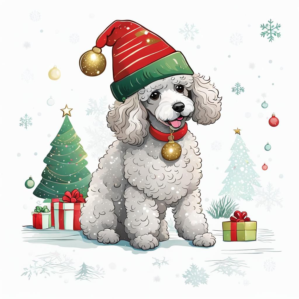 Festive Poodle in Christmas Hat, Vector Illustration