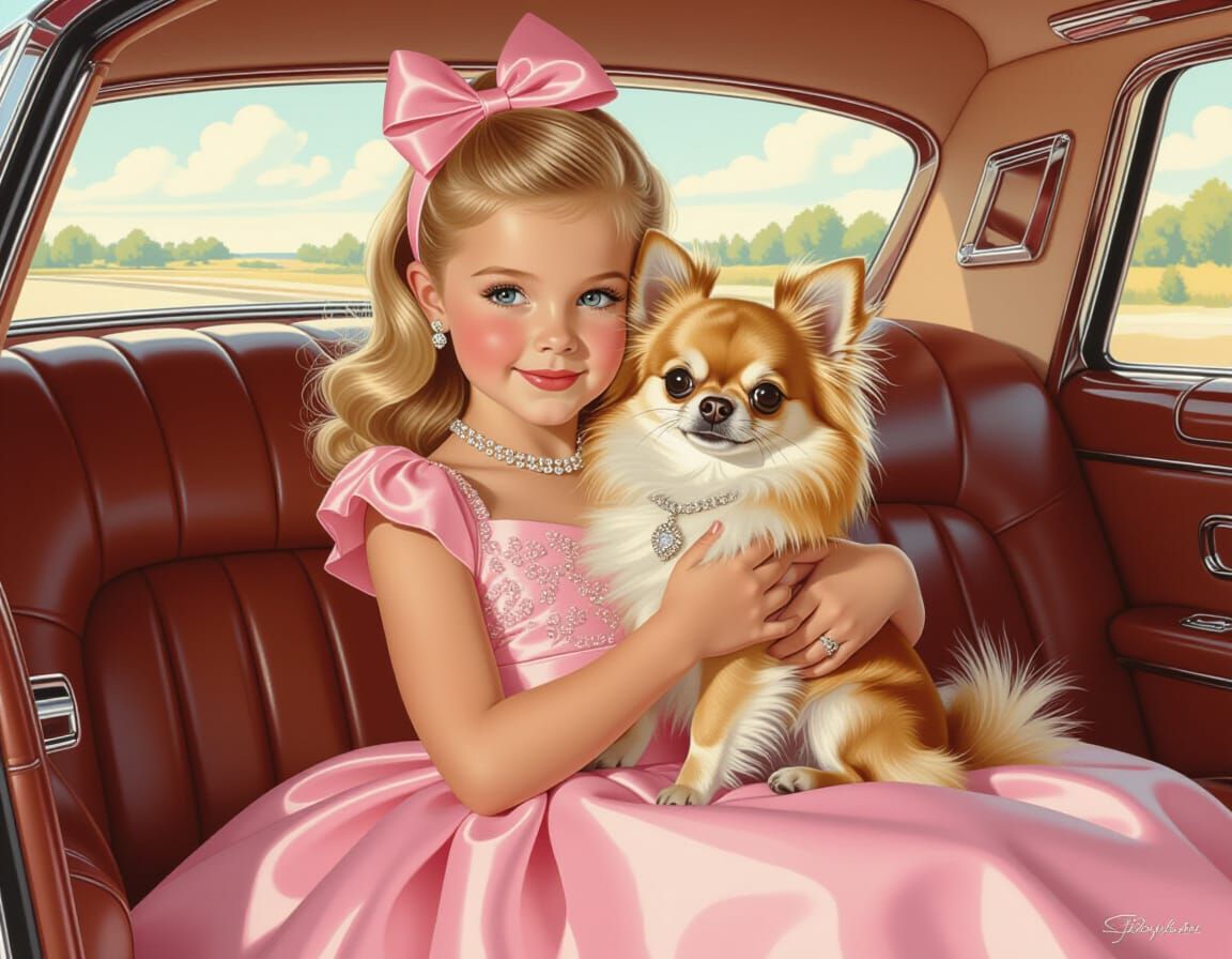 Elegant Girl with Chihuahua in Limousine, Retro Pin-Up Style