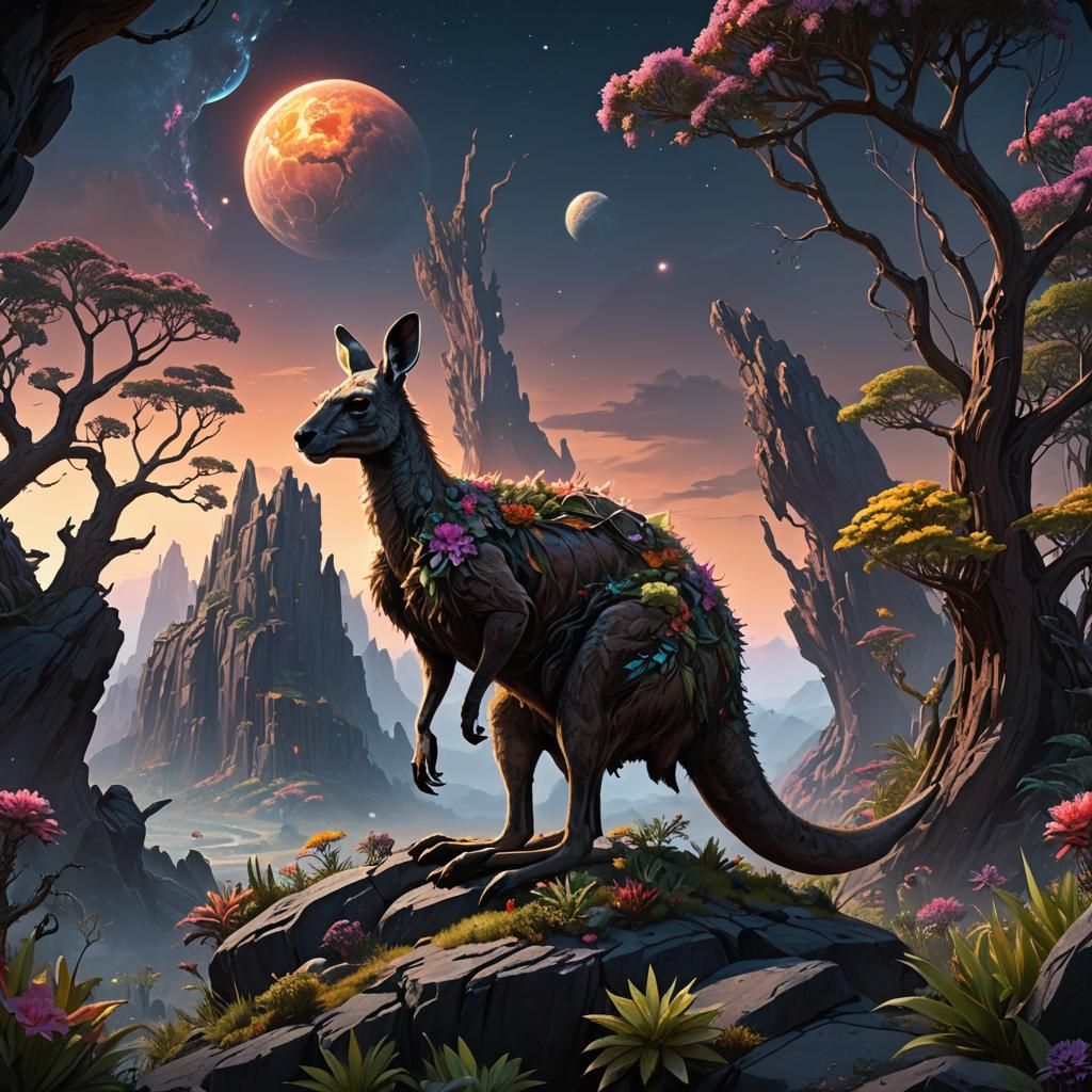 Kangaroo on Alien Planet in Dark Fantasy Style