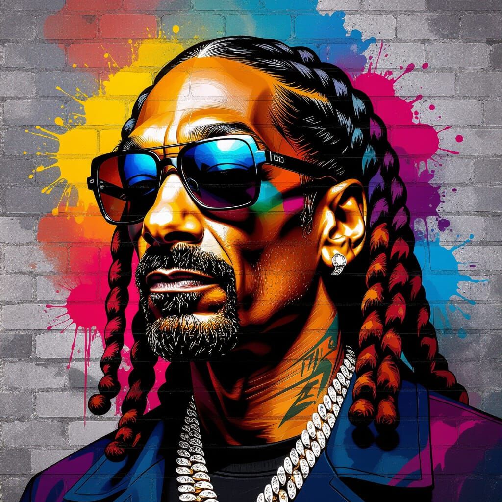 Hyperrealistic Graffiti Portrait of Snoop Dogg on Brick Wall