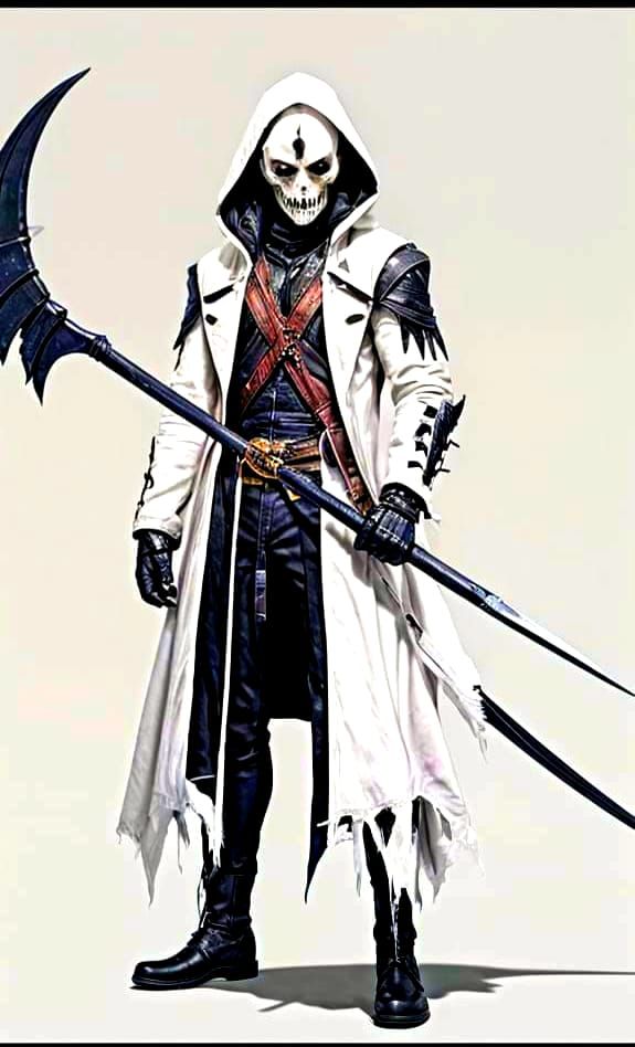 the image of a grim character in a long black coat holding a...