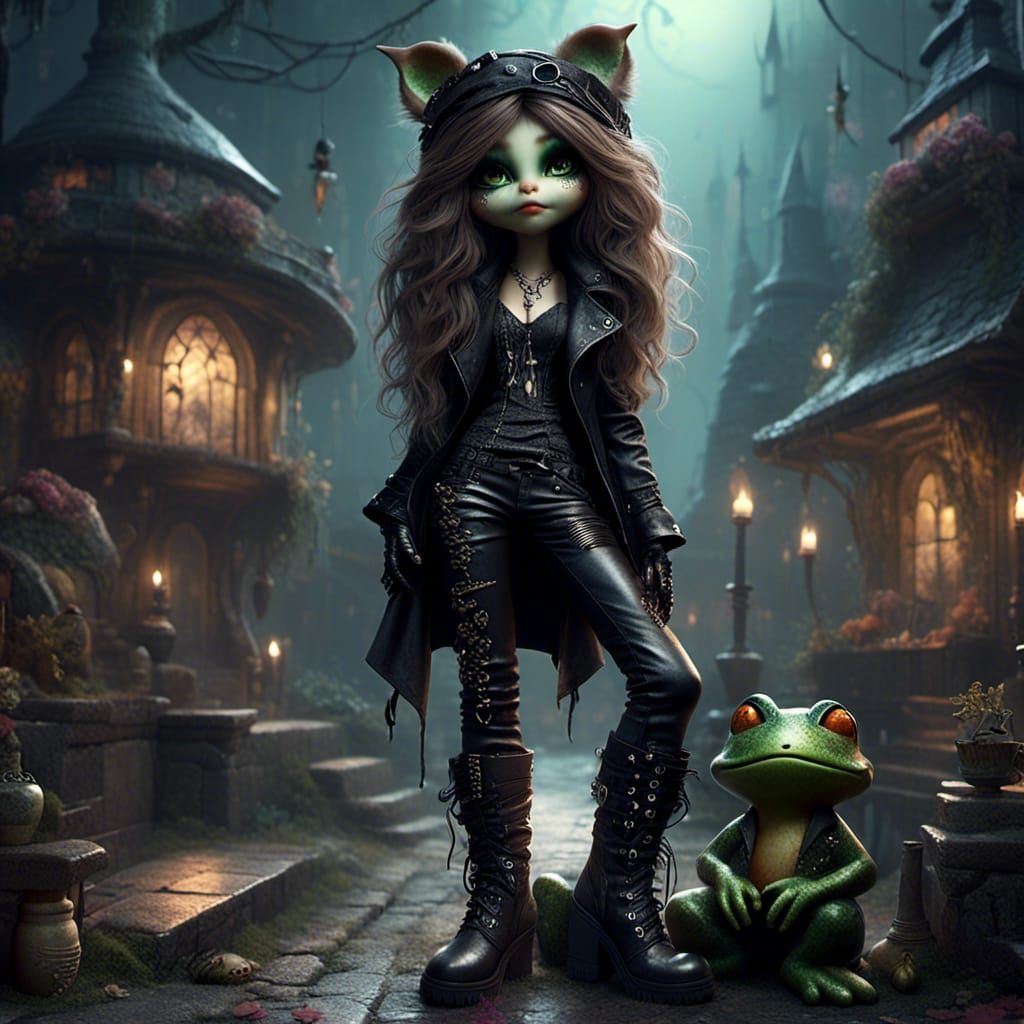 Whimsical Goth Frog in Leather Pants