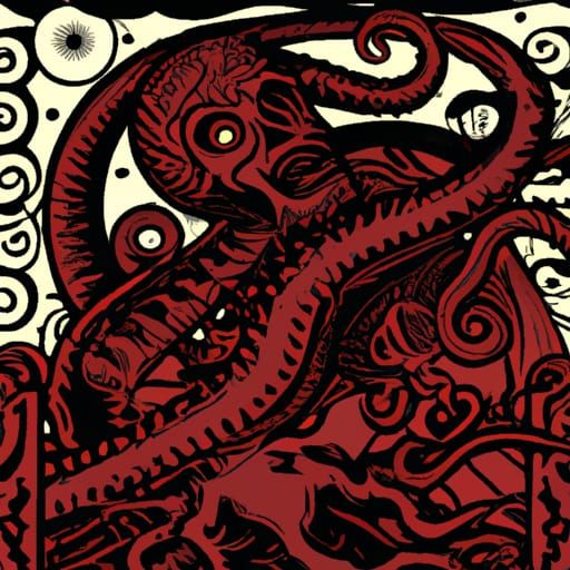 Red Skeleton Reigns Over Babylon: Eldritch Woodcut