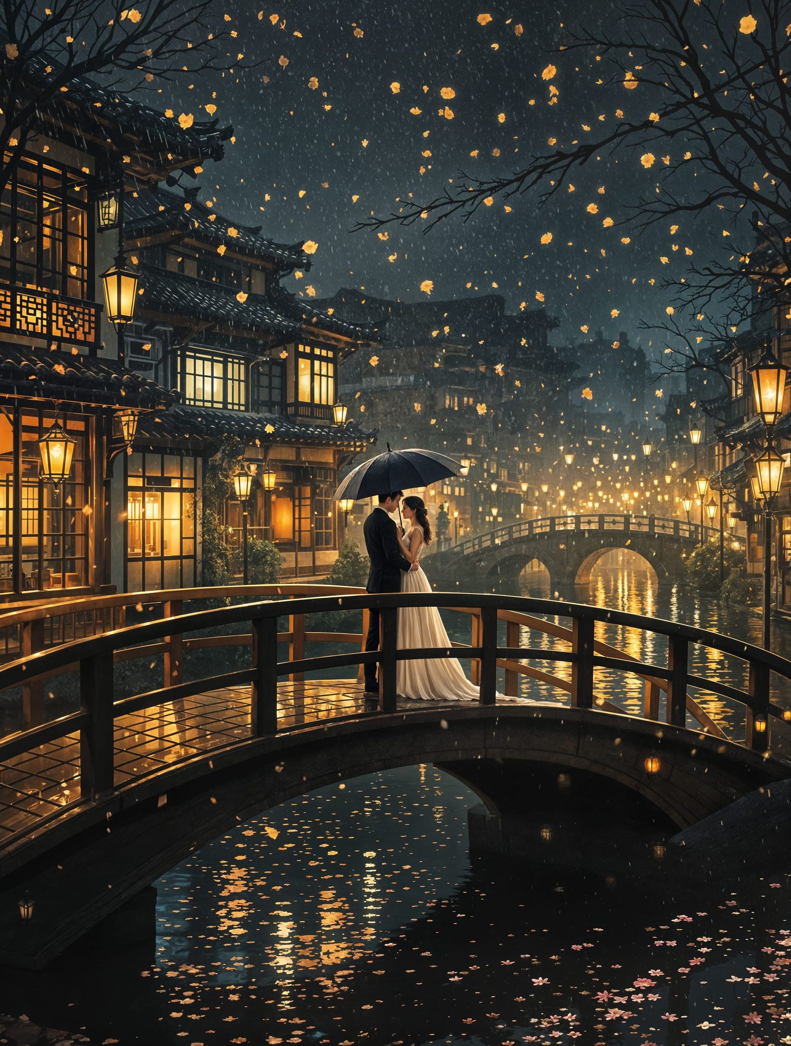 Romantic Nighttime Scene in a Stylized City