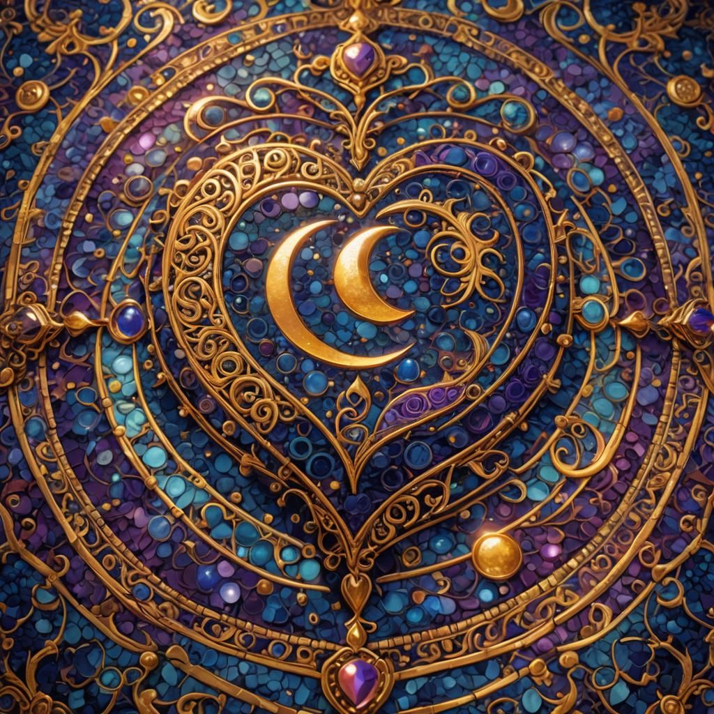 Mosaic Moon Heart on Silk Carpet: Fantasy Concept Art