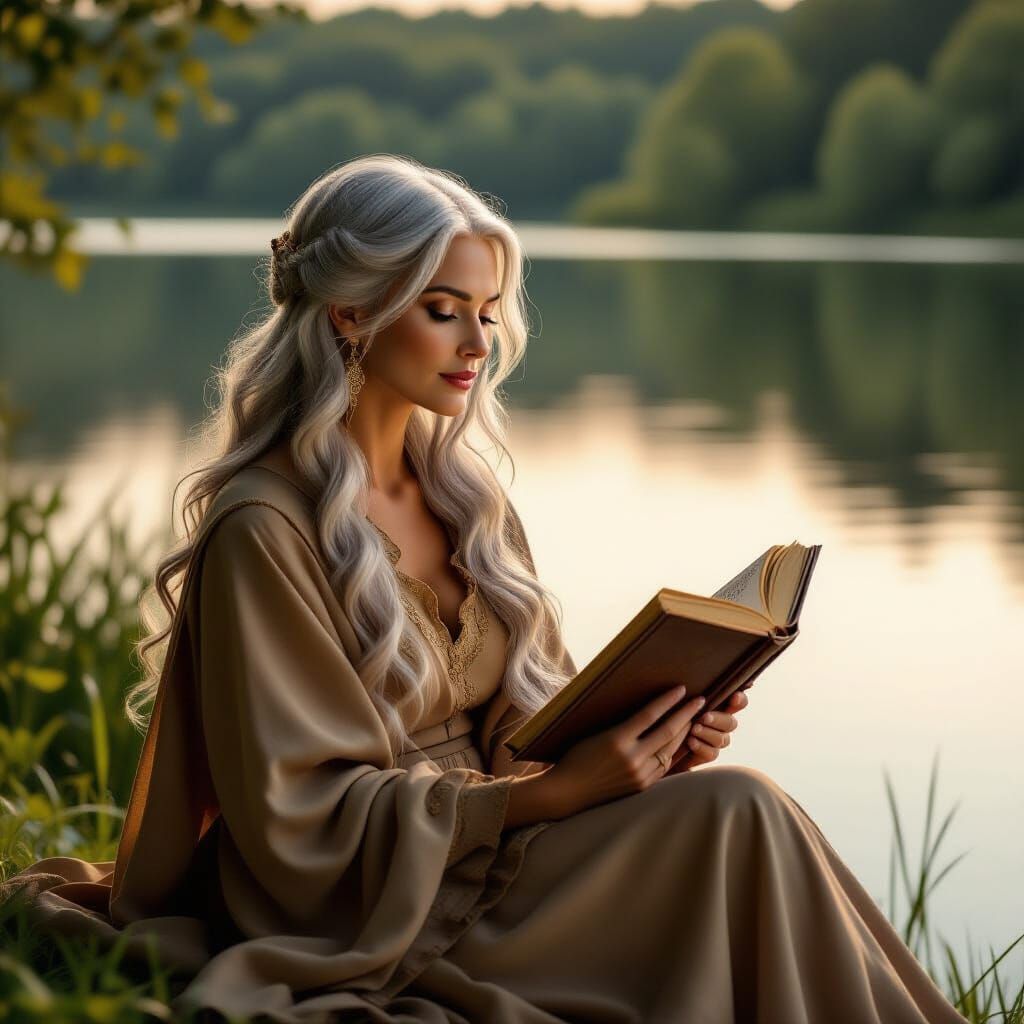 Woman Reading by Lake in Atmospheric Painting Style