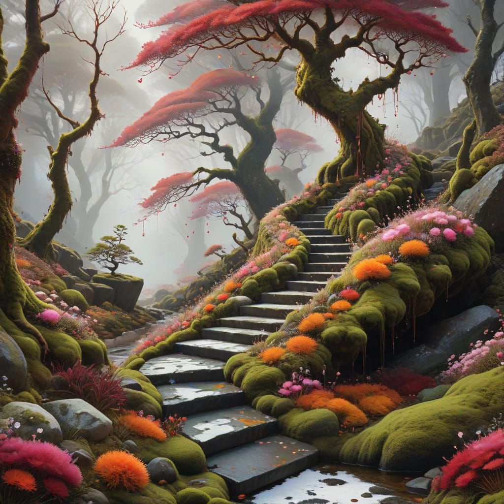 Whimsical Crystal Staircase Unfolds from Dark Canvas