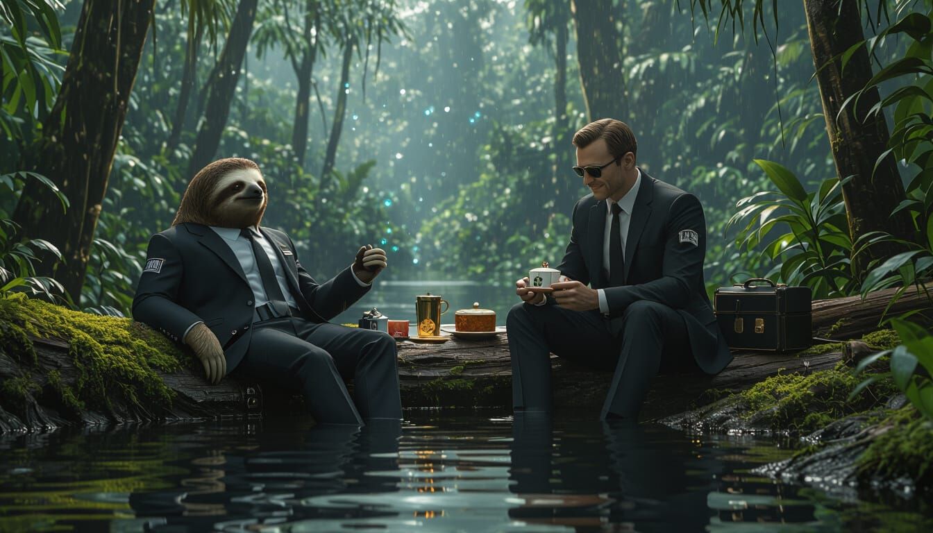 Sloth Agent in NZ Rainforest Noir Sci-Fi Style