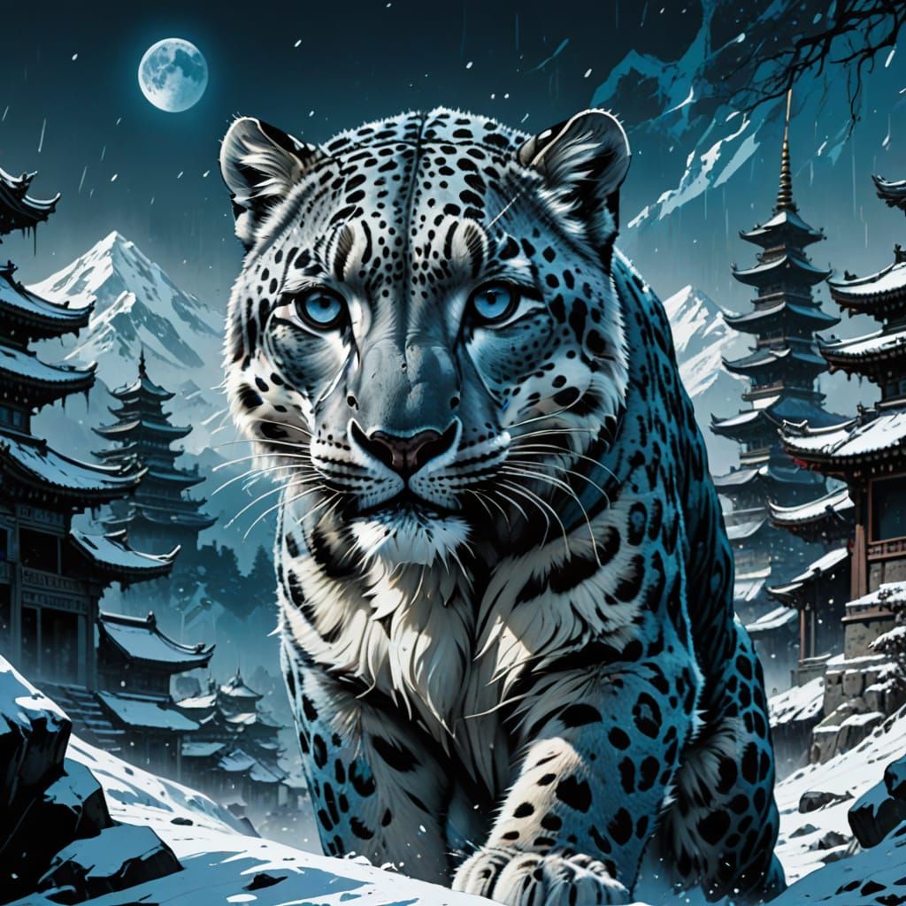 Snow Leopard :: blue black white, temples in the background,...