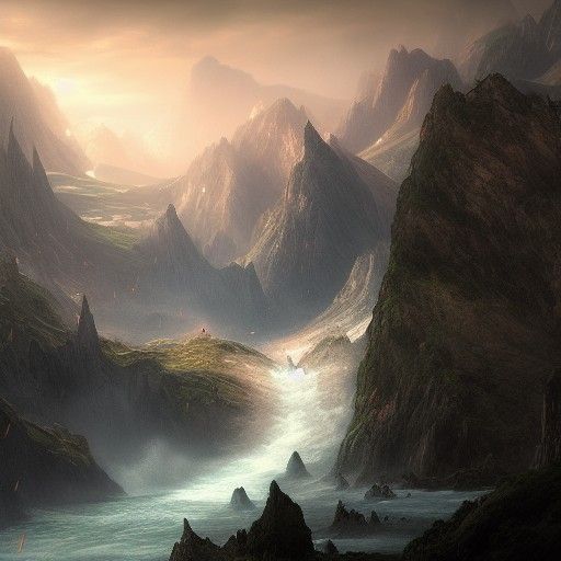 Fantastical Mountain Waterfall in Matte Painting Style