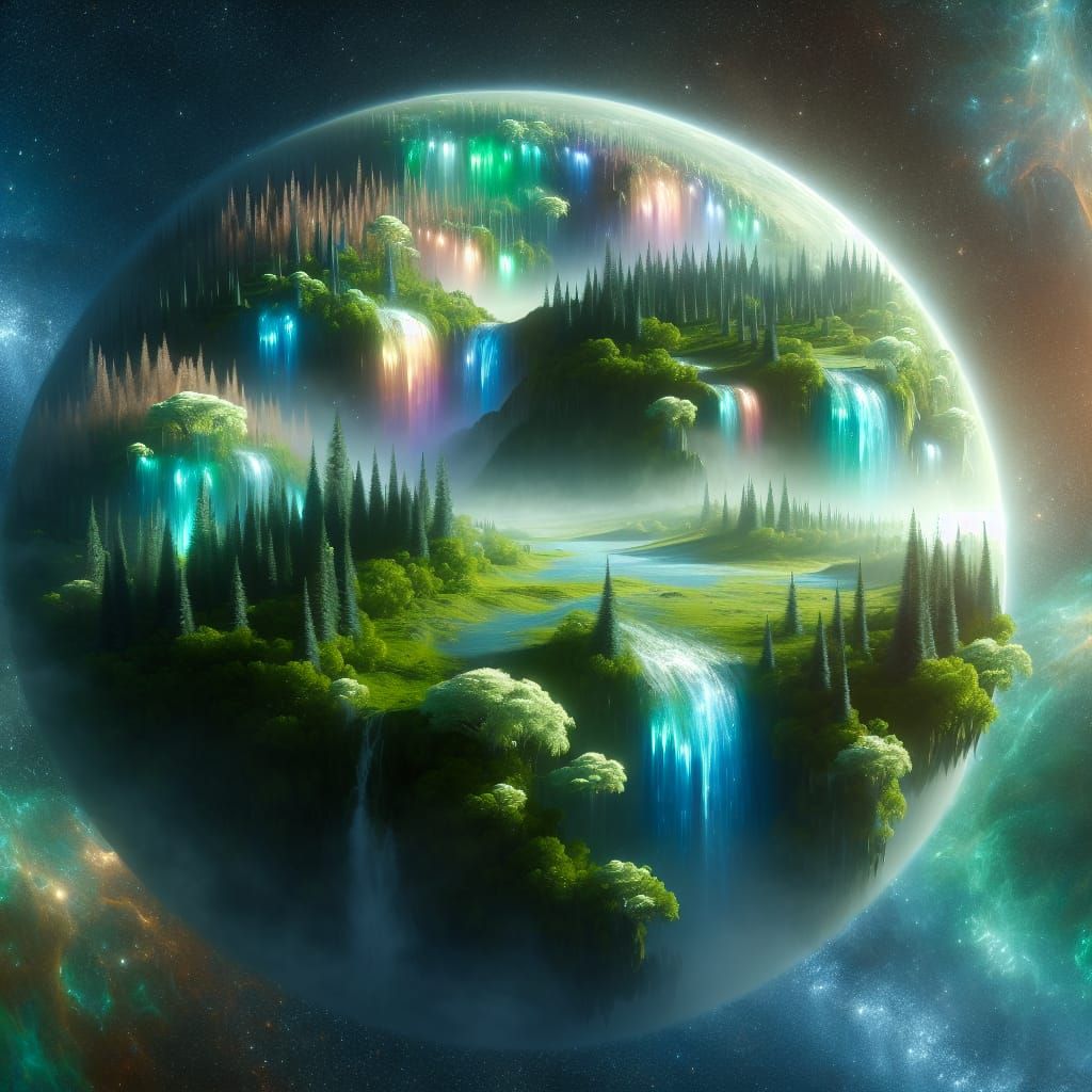 Cosmic Planet with Prismatic Waterfalls and Emerald Trees