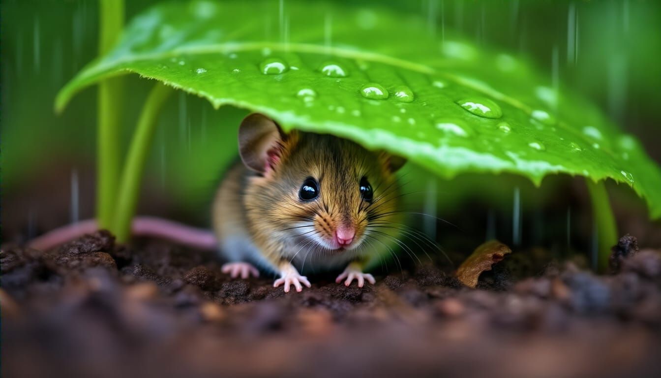 Mouse Sheltering from Rain Under Leaf