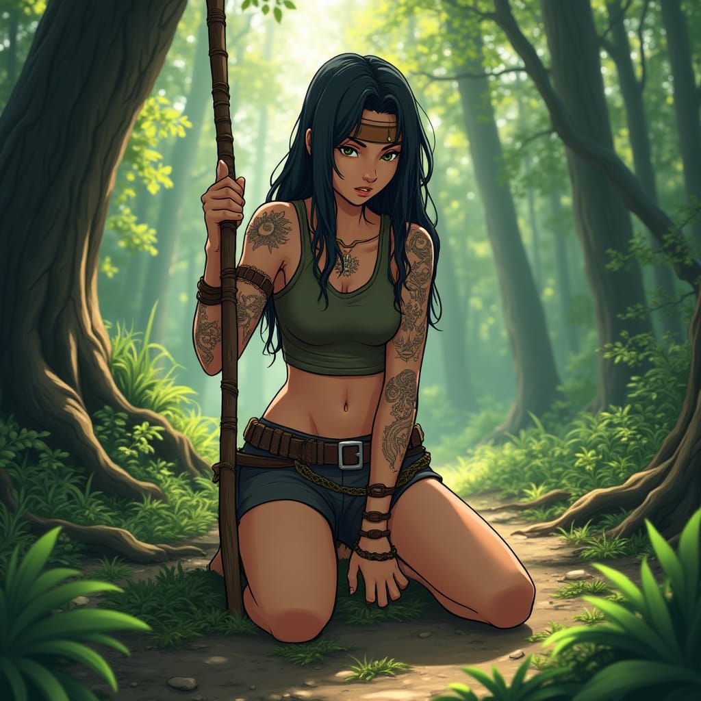 Woman in Forest with Tattoos in Anime Style